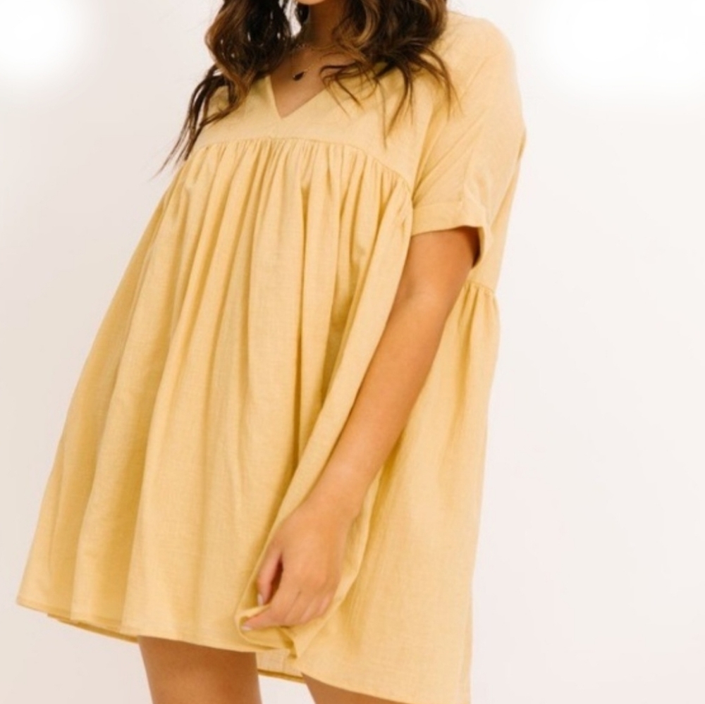 Luca + Grae Mustard Yellow V-Neck Rolled Short Sleeve Babydoll Dress Size Small